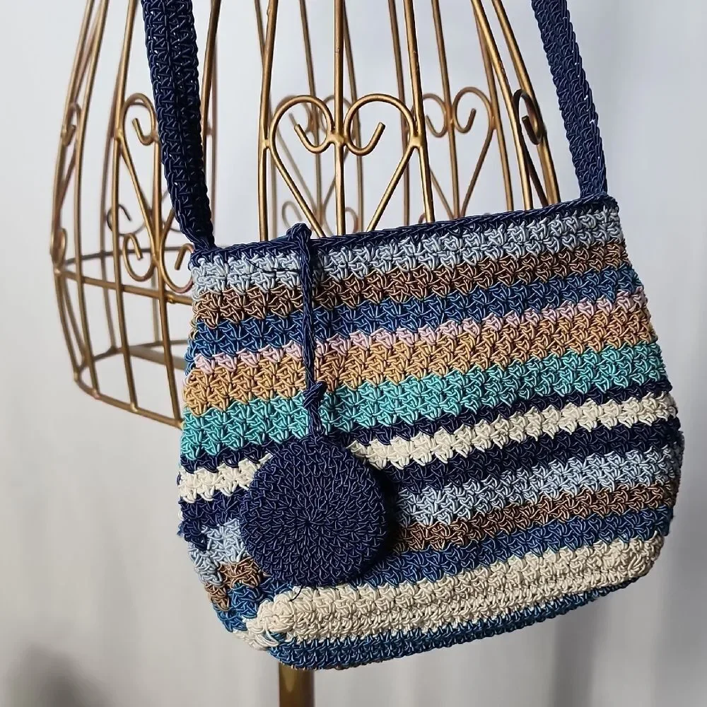 Vintage Crochet Small Crossbody Bag Beachy In Shades Of Blue & Neutral